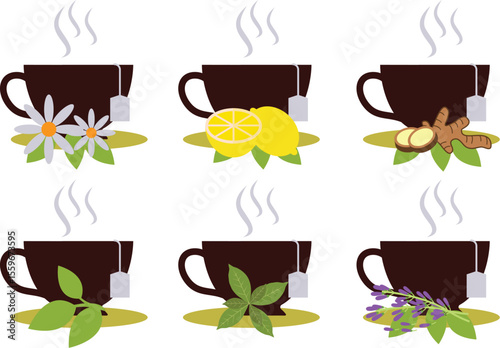 Herbal tea cups, fruits and leaf icons vector bundle set.