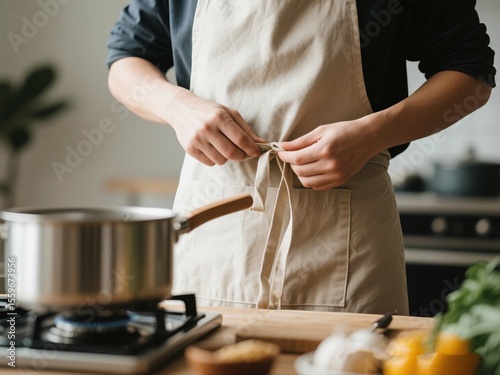 Man Tying Apron Before Cooking at Home