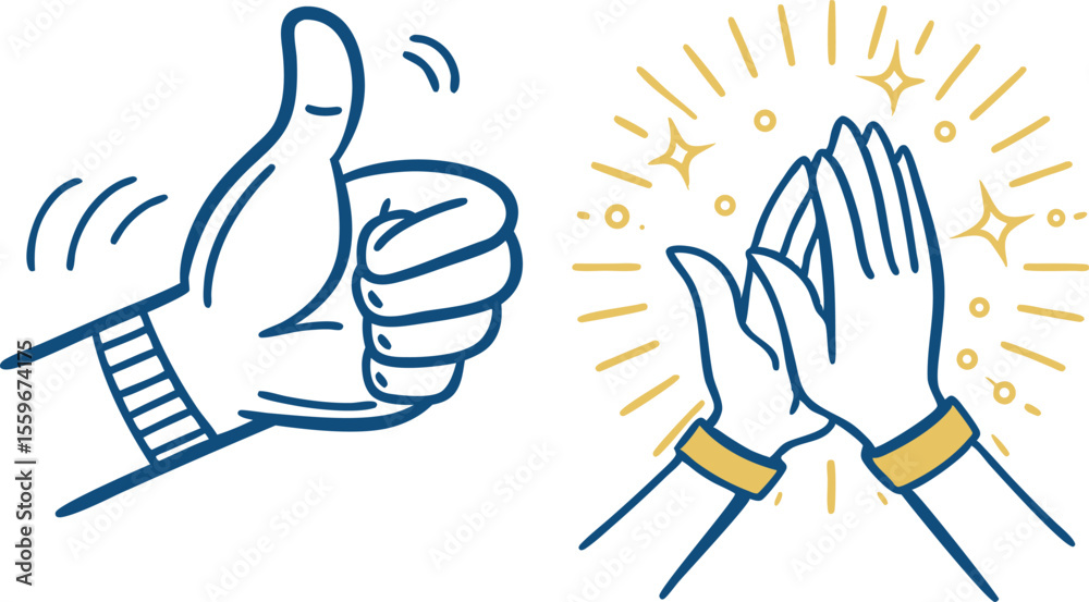 Fototapeta premium Two simple line art illustrations showing positive gestures of approval and celebration with a thumbs up and hands clapping with sparkling effects
