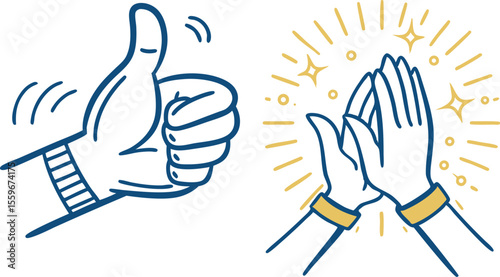 Two simple line art illustrations showing positive gestures of approval and celebration with a thumbs up and hands clapping with sparkling effects