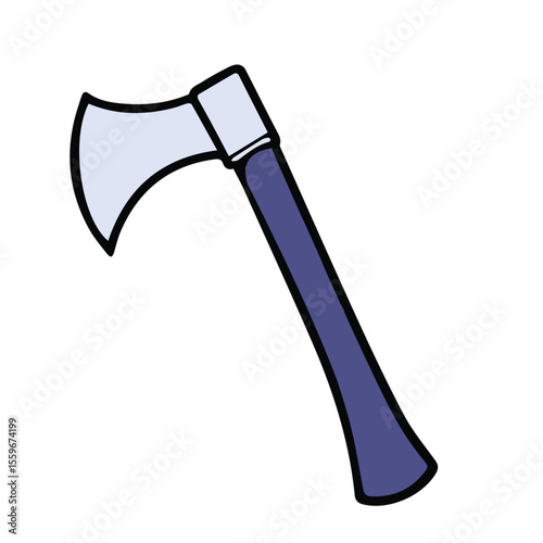 Simple axe illustration in a graphic design style. Outlined axe with light gray blade and dark purple handle.