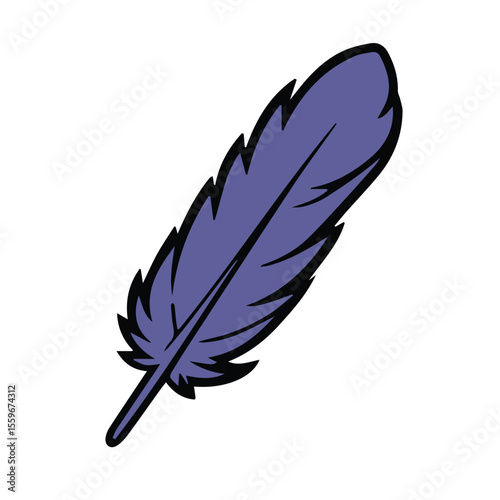 A stylized, graphic illustration of a single, dark purple feather, with detailed barb details. A simple, decorative element for use in graphic design.