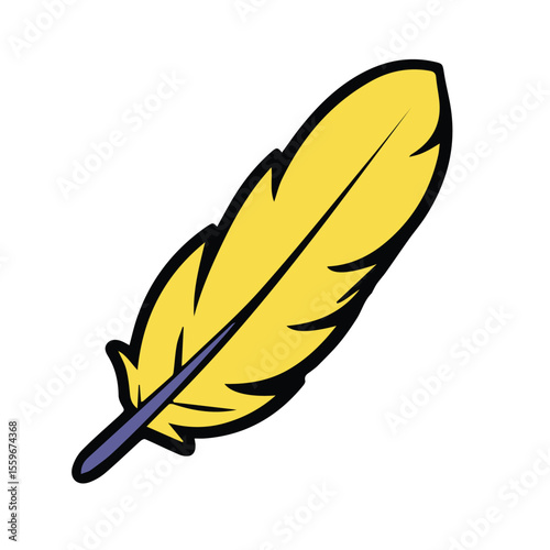 Yellow feather illustration in a simple, graphic design style. Isolated object against a plain white background.