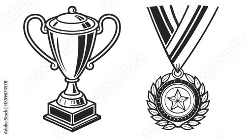 A classic black and white illustration of a traditional trophy cup with two handles and a medal with a star emblem surrounded by a laurel wreath on a white background