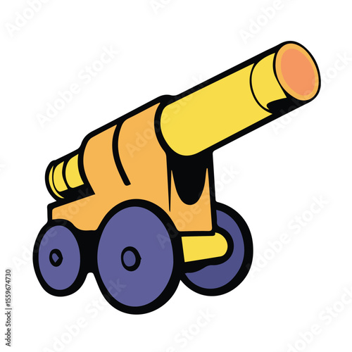 Cartoon cannon in vibrant yellow and orange hues with dark purple wheels. Aimed in a dynamic pose against a plain white background.