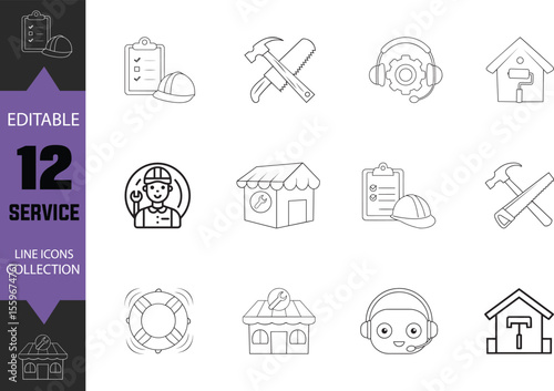 Variety style editable service line art icon illustration, Variety services line art icon of handyman, house renovation, mechanic, repair shop, crossed hammer and saw and other
