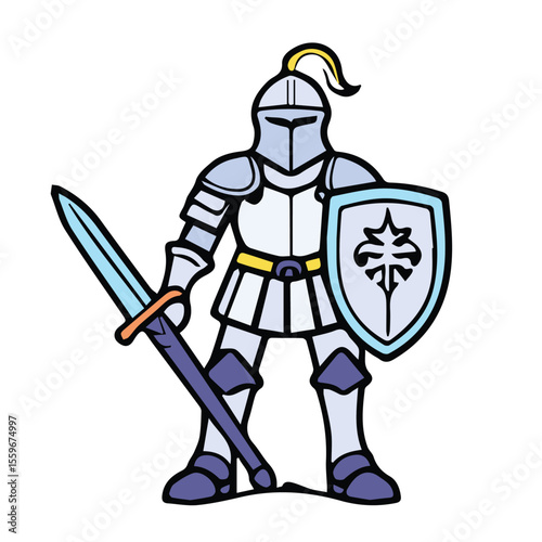 A stylized knight in light blue armor, holding a sword and shield, stands in a fantasy scene. A valiant warrior in full plate armor, standing guard with sword and shield in hand.