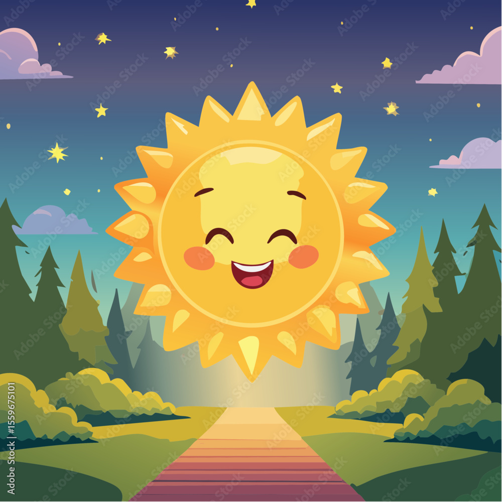 Fototapeta premium A nightlight glowing in the shape of a smiling sun – comfort in darkness. 