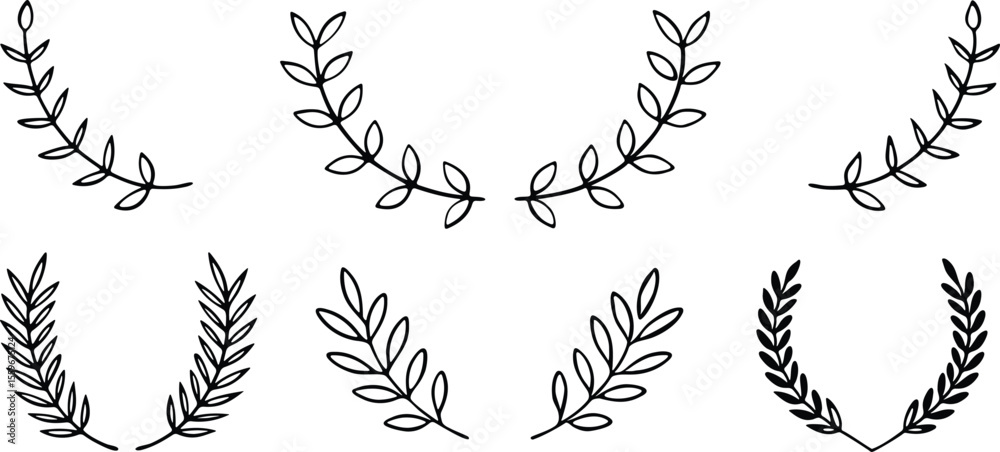 Fototapeta premium Hand drawn laurel wreaths sprigs on set of six elements leaf leaves