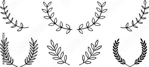 Hand drawn laurel wreaths sprigs on set of six elements leaf leaves