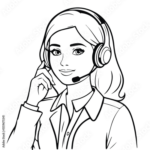 Young woman in business attire wearing headset, listening attentively in a professional setting. Female customer service representative wearing a headset in an office environment.