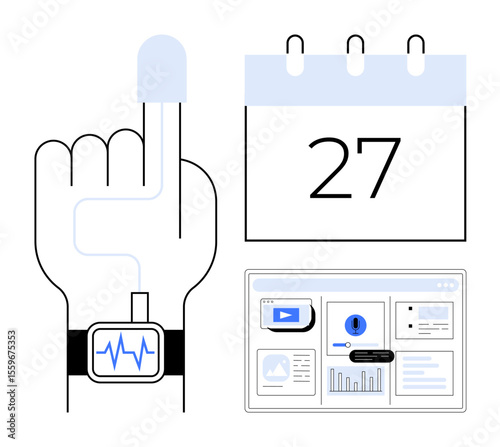 Finger with wearable health tracker, digital dashboard displaying analytics, and calendar date. Ideal for health monitoring, technology, fitness, self-care, data analysis, time management healthcare