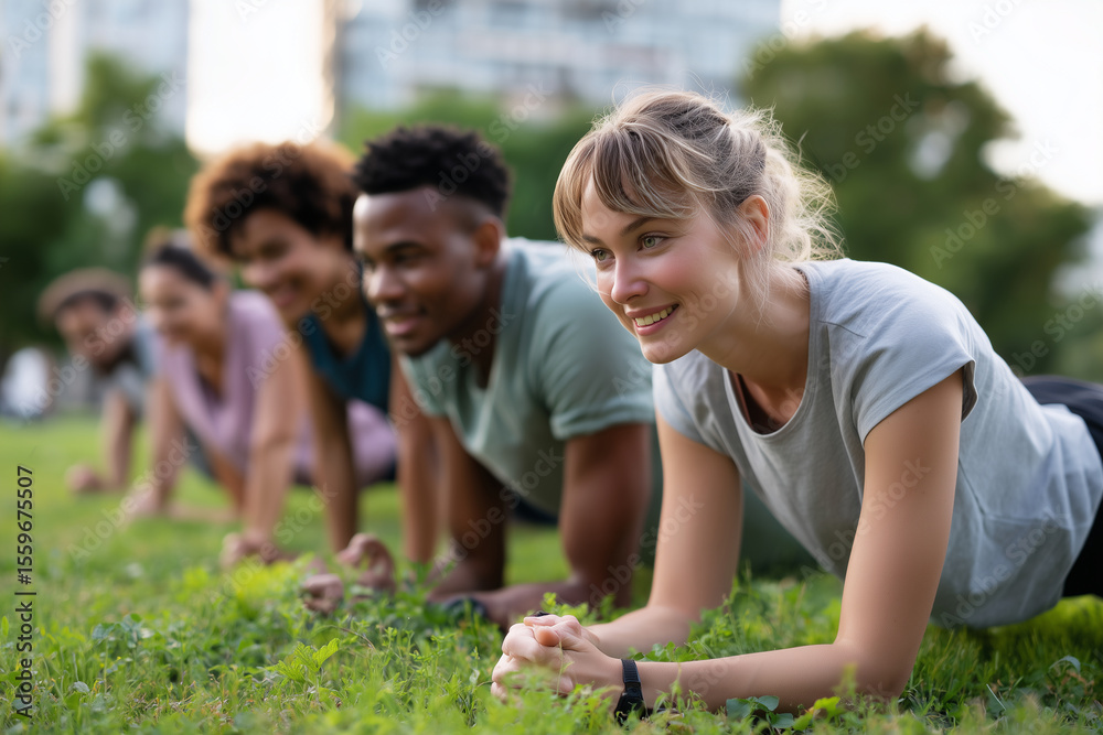 Fototapeta premium Friends doing group exercises on green grass, summer active lifestyle, 