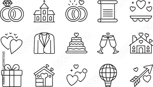 Collection of wedding and celebration line icons, including rings, church, cake, hearts, and gift symbols for happy events