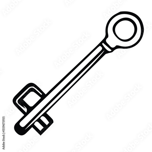 Vintage style key graphic in black and white. Simple, stylized illustration of a key, with no background or specific context.