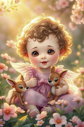 Sweet toddler fairy in pink dress with toy deer, curly hair, wings, surrounded by flowers and glowing sunset.