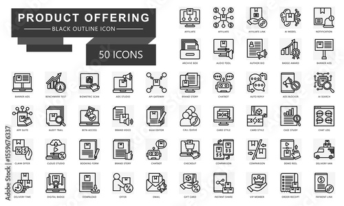 Product offering black outline icons set. contain affiliate, ai model, notification, benchmark test, checkout, chatbot, email and more. Vector for modern concept, UI, UX, web and app development. 