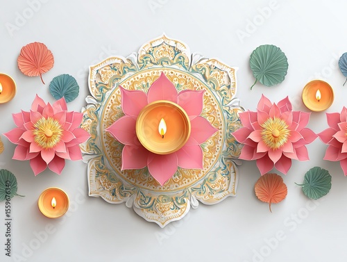 Diwali, festival of lights holiday banner with paper cut style of Indian Rangoli, diya - oil lamp and lotus flowers. White color background. Vector illustration. High quality