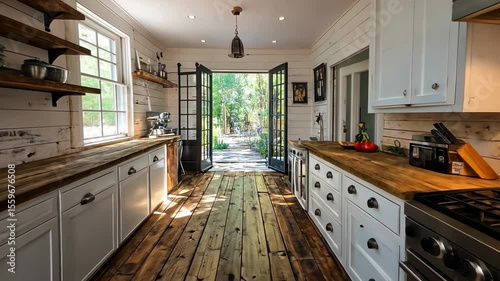 Spacious farmhouse style kitchen with reclaimed wood details