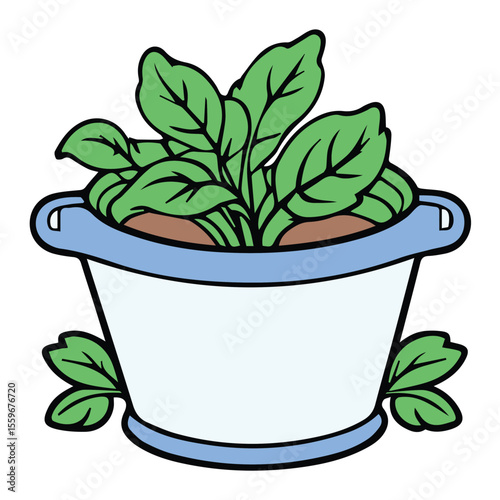 Spinach plant in a light-blue colored pot with a detailed illustration style. Growing plant within a decorative container, against a white background.