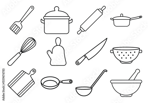 Collection of kitchen utensils and cookware line art isolated on white background