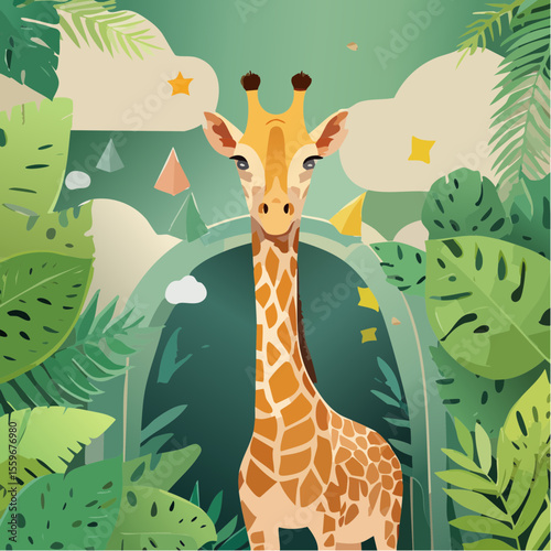 A giraffe popping out of a storybook jungle – stories come alive.
