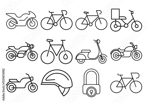 Collection of outline icons representing motorcycles bicycles scooter helmet and lock isolated on white background
