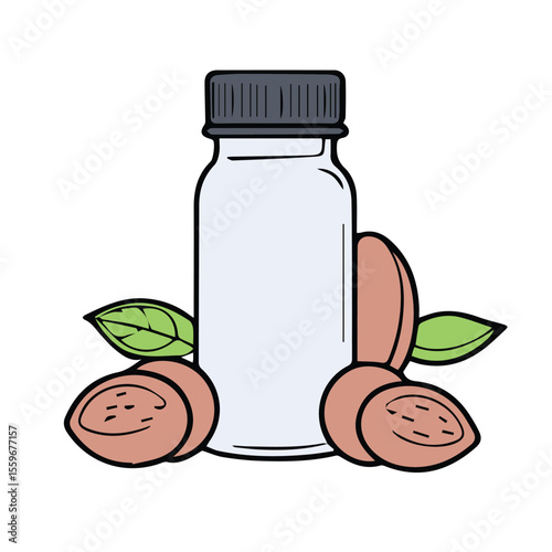 Almond milk bottle with almonds and leaves. Healthy beverage product displayed against a white background. Product image for a nutrition store. Use for marketing materials.