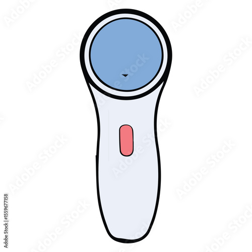 Handheld non-contact temperature device in light gray color with a blue circular display and a small pink button.