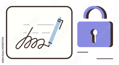 Pen writing a signature on a document accompanied by a purple lock. Ideal for security, encryption, authentication, privacy, digital contracts, data protection, simple flat metaphor