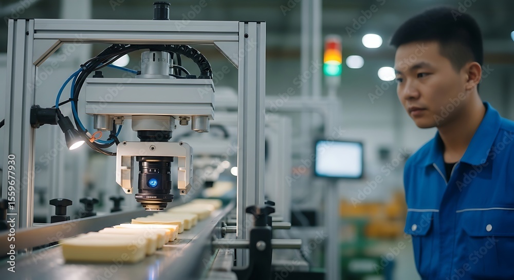Automated Food Inspection Worker Observing Conveyor Belt System. Automated Food Inspection Worker Observing Conveyor Belt System.