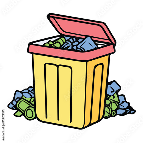 Full yellow trash receptacle with open lid, filled with assorted colored debris, with additional debris at the base.