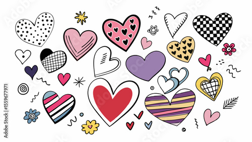 Doodle Heart Pattern Collection – Colorful & Black Sketch Style Love Icons