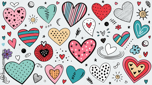 Doodle Heart Pattern Collection – Colorful & Black Sketch Style Love Icons