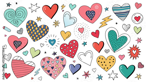 Doodle Heart Pattern Collection – Colorful & Black Sketch Style Love Icons
