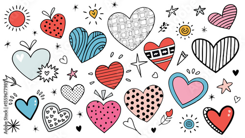 Doodle Heart Pattern Collection – Colorful & Black Sketch Style Love Icons
