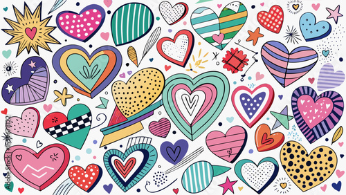 Doodle Heart Pattern Collection – Colorful & Black Sketch Style Love Icons