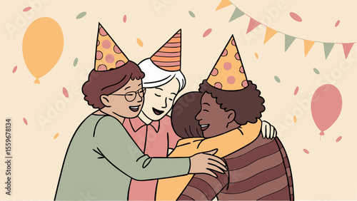 Diverse group of friends joyfully embracing and celebrating together wearing festive party hats amidst colorful confetti and balloons