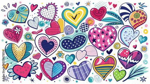 Doodle Heart Pattern Collection – Colorful & Black Sketch Style Love Icons