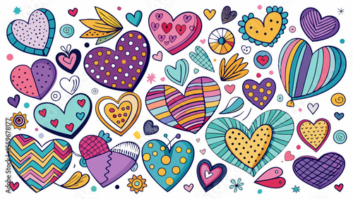 Doodle Heart Pattern Collection – Colorful & Black Sketch Style Love Icons