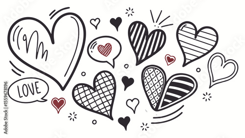 Doodle Heart Pattern Collection – Colorful & Black Sketch Style Love Icons