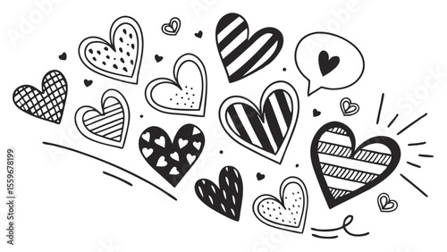 Doodle Heart Pattern Collection – Colorful & Black Sketch Style Love Icons