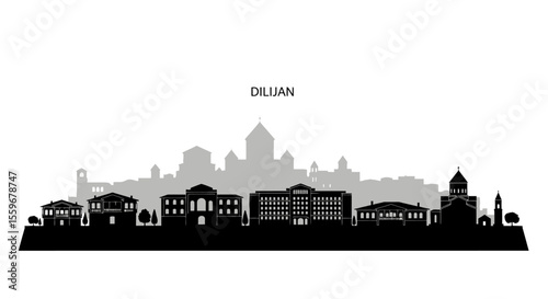 Dilijan City Skyline with Armenia Silhouette, and Cityscape.