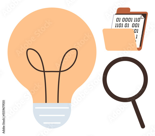 Light bulb, file folder with binary code, and magnifying glass represent innovation, research, data analysis, digital discovery, problem-solving, efficiency teamwork. Ideal for technology