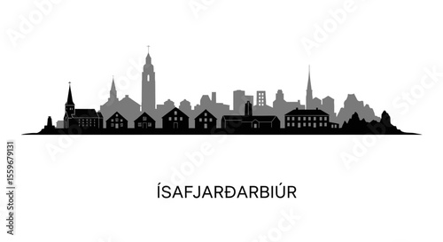 Isafjordur Iceland Skyline Silhouette with Cityscape.