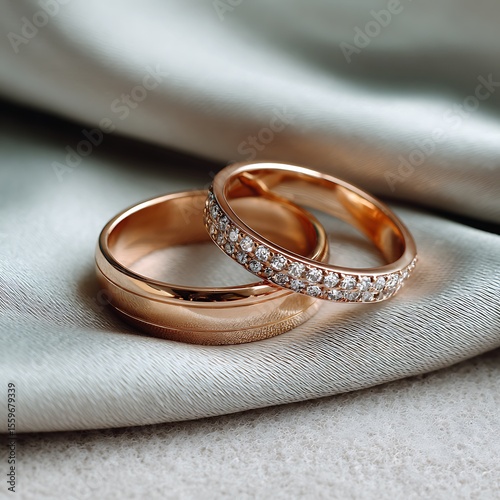 Elegant wedding bands in rose gold and diamonds resting on luxurious fabric background