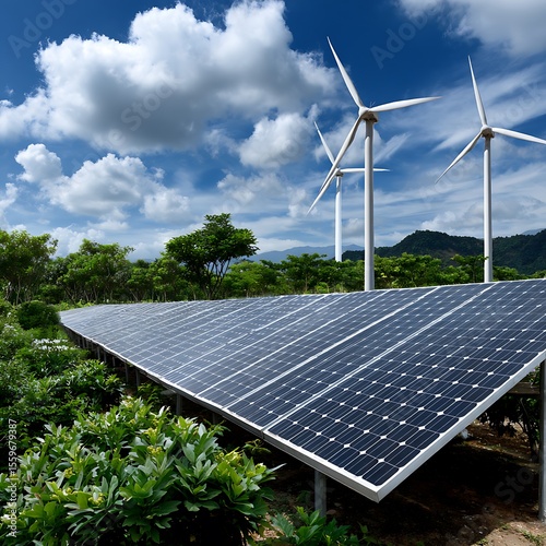 Solar Panels and Wind Turbines Under Bright Blue Sky with Fluffy Clouds in Countryside