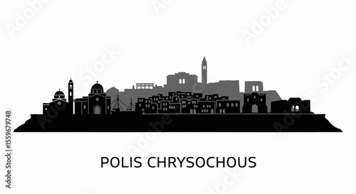 Polis Chrysochous Skyline with Cyprus, and Black Silhouette.