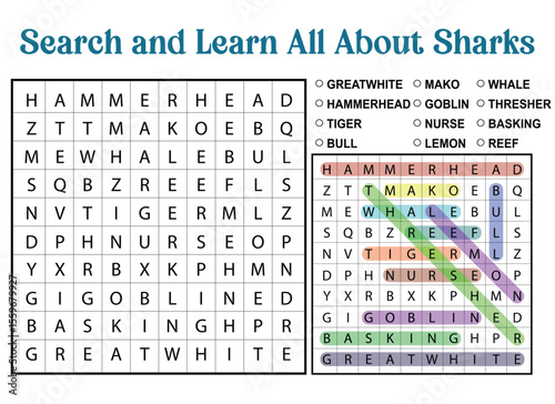 Shark Word Search Puzzle Educational Game for Kids and Adults