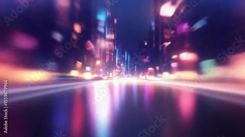 Abstract city lights blur with motion, vibrant and colorful at night